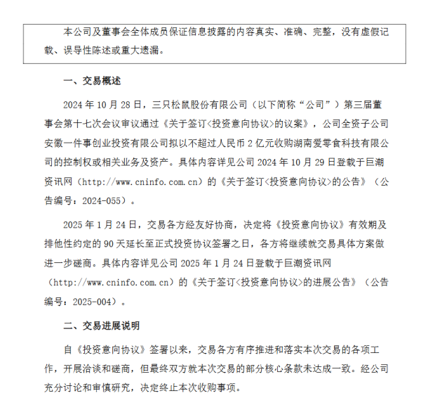 配资股中心官网 三只松鼠: 终止收购湖南爱零食